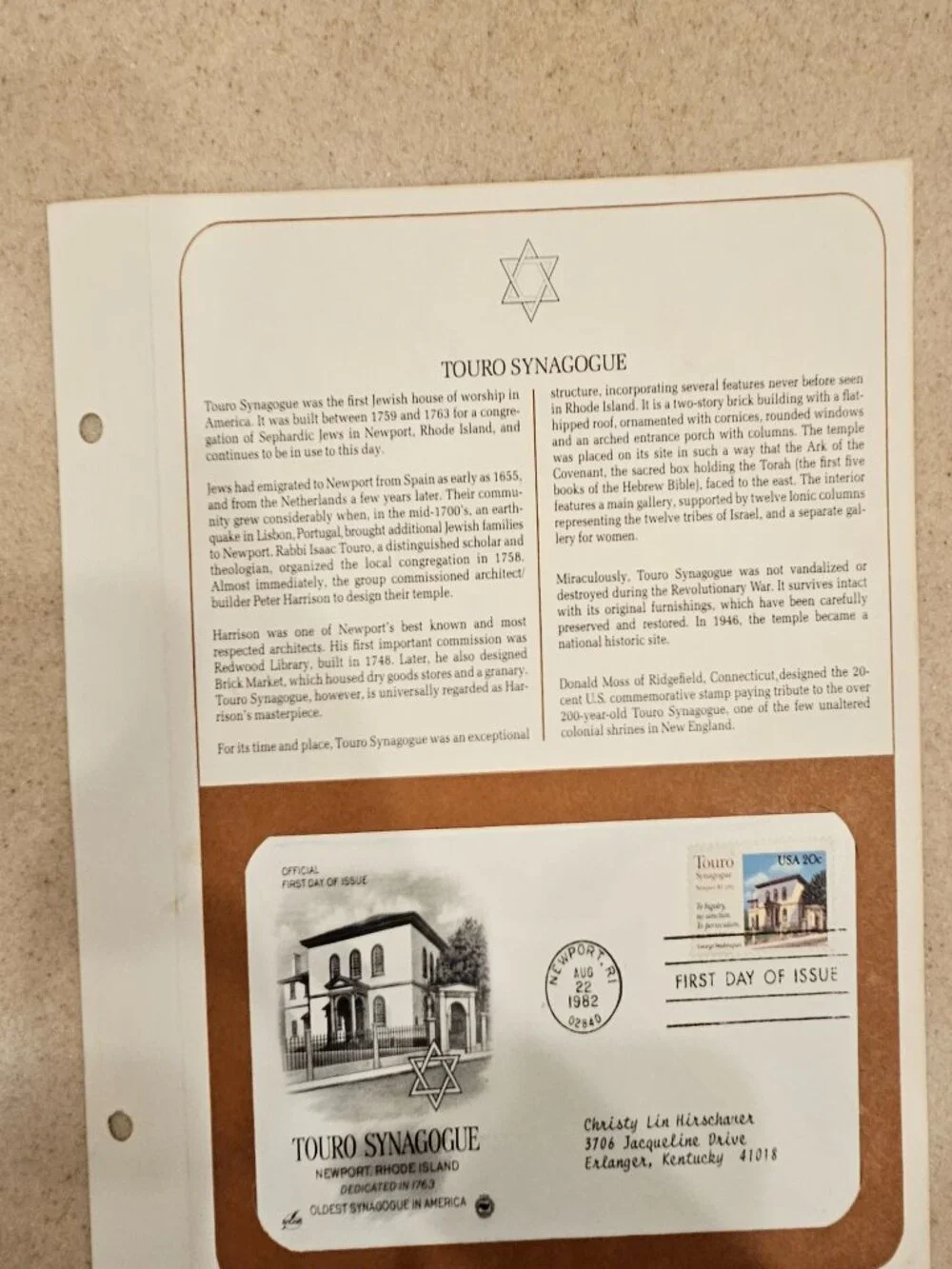 RARE COLLECTIBLE USPS 1ST DAY ISSUE COVER JEWISH TOURO OLDEST US SYNAGOGUE STAMP